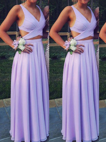 V Neck A Line Long Lavender Prom Dress, Long Lavender Bridesmaid Dress