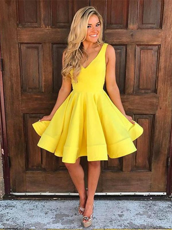 Custom Made A Line V Neck Short Yellow Prom Dress, Short Yellow Homecoming Dress, Formal Dress