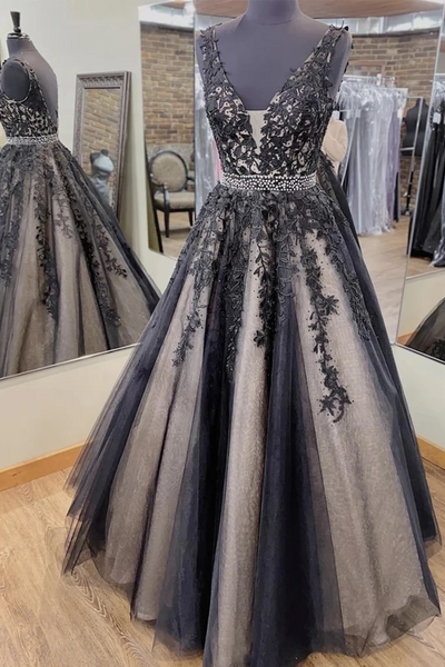 V Neck Backless Black Lace Long Prom Dresses, Black Lace Formal Dresses, Open Back Black Evening Dresses