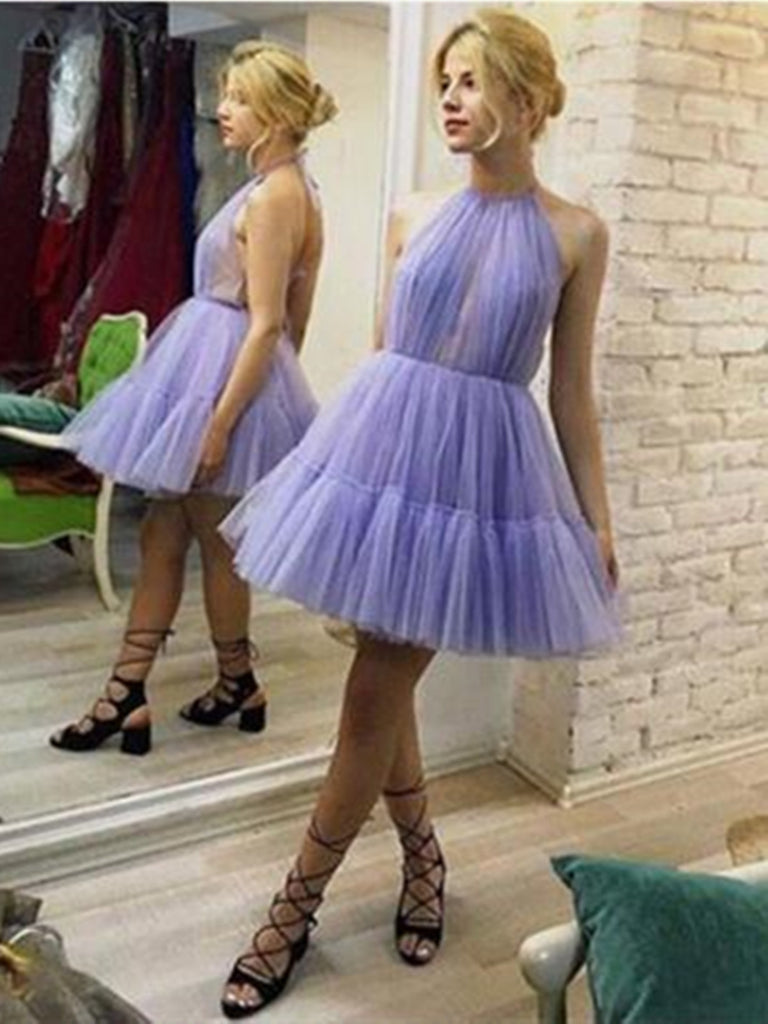 Halter Lavender A-Line Tulle Short Unique Prom Dresses, Halter Lavender  Tulle Short Graduation Homecoming Dresses