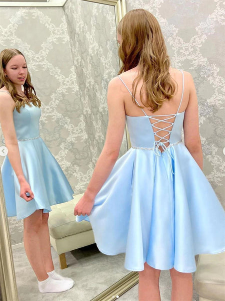 Simple A Line Blue Satin Backless Beads Short Prom Dresses, Short Blue Satin Formal Evening Dresses