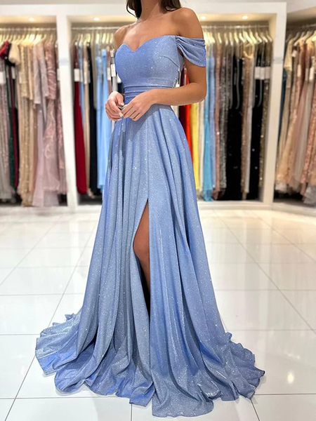 Off the Shoulder Shiny Blue Long Prom Dresses, Shiny Off Shoulder Long Formal Evening Dresses