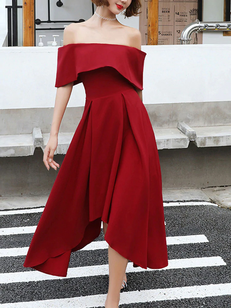 Off The Shoulder High Low Burgundy Tea Length Prom Dresses, Off Shoulder Burgundy Satin Formal Graduation Evening Dresses, Burgundy Homecoming Dresses