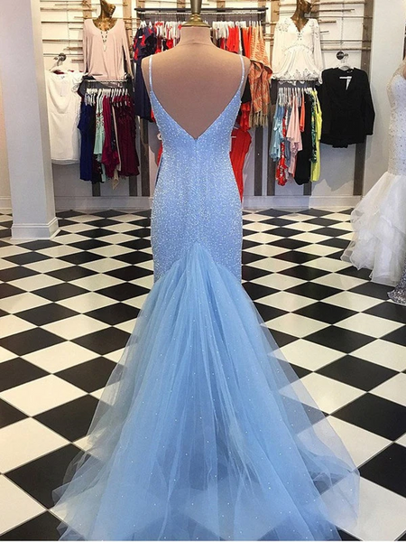 Mermaid V Neck Light Blue Backless Long Prom Dresses, V Neck Mermaid Backless Light Blue Formal Evening Dresses