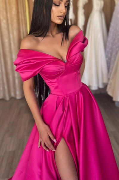 Stylish Off Shoulder Pink Long Prom Dresses, Stylish Off Shoulder Pink Long Formal Evening Dresses