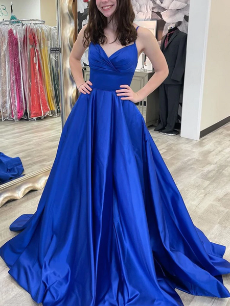 V Neck Backless Royal Blue Satin Long Prom Dresses, Backless Royal Blue Formal Dresses, Royal Blue Evening Dresses