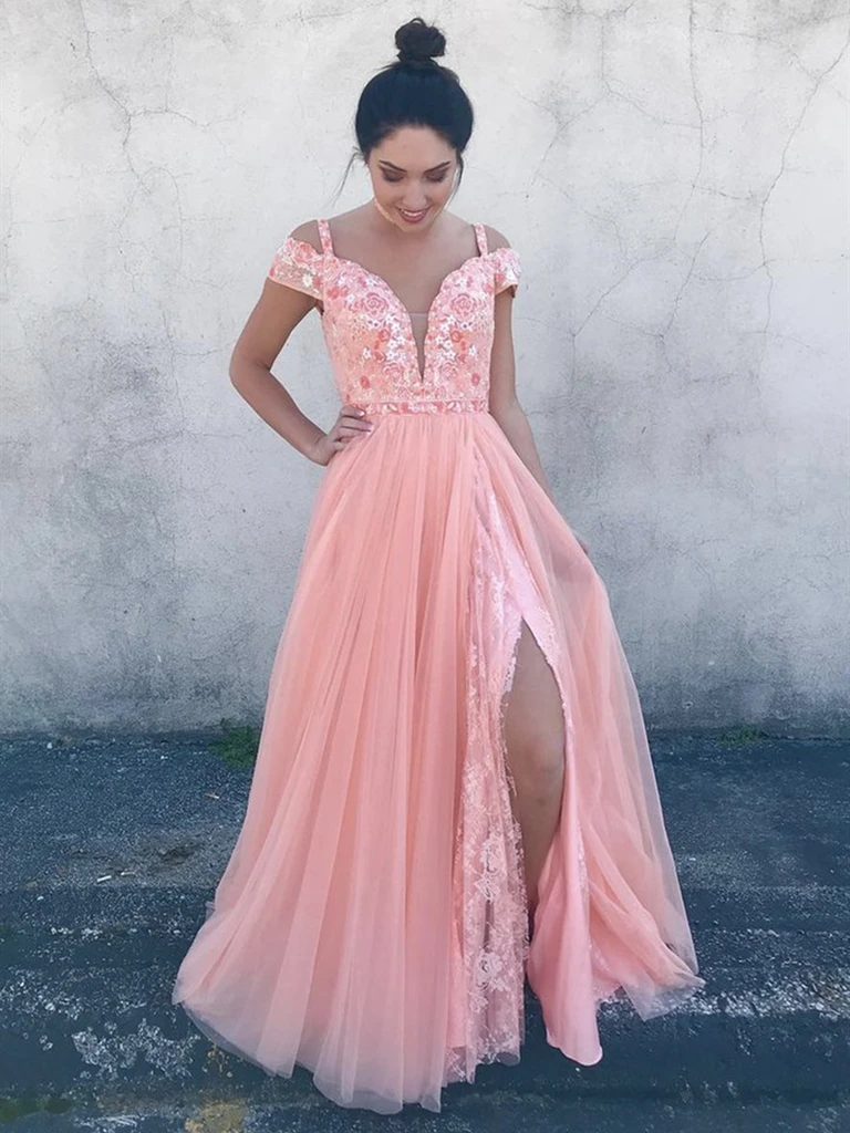 Deep V Neck Off Shoulder Pink Tulle Lace Floral Prom Dresses With Leg Slit ,  Lace Off the Shoulder Pink Formal Evening Dresses