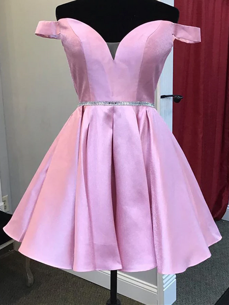 Off the Shoulder Pink Satin Short Prom Homecoming Dress with Belt, Off Shoulder Pink Formal Graduation Evening Dresses