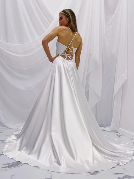 Simple V Neck White Satin Long Prom Dresses, White Satin Backles Long Formal Evening Dresses