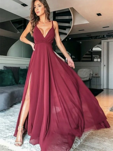 Simple A Line V Neck Burgundy Long Prom Dresses， Burgundy Formal  Evening Graduation Dresses