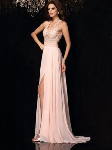 A- line v neck lace chiffon long prom dress,  v neck lace chiffon formal evening dress