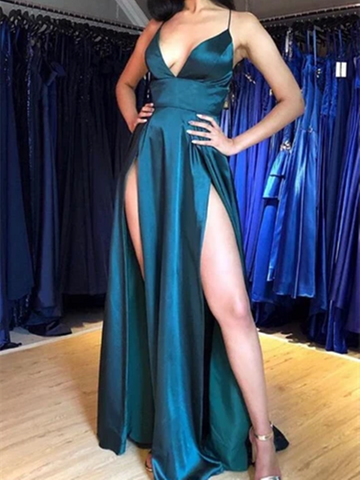 Sexy V Neck Blue Satin Long Prom Dresses With Slit, Wedding Party Dresses, Blue Satin Long Formal Evening Dresses