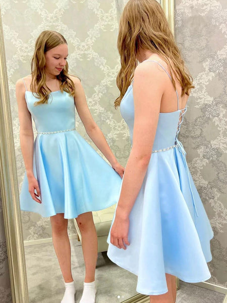 Simple A Line Blue Satin Backless Beads Short Prom Dresses, Short Blue Satin Formal Evening Dresses