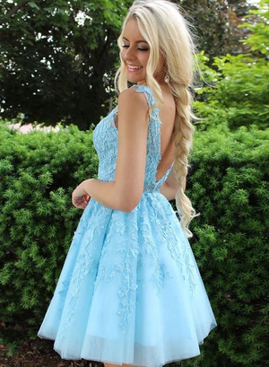 A Line V Neck Blue Short Lace Appliques Prom Dresses,  Short Lace Blue Formal Evening Graduation Homecoming Dresses