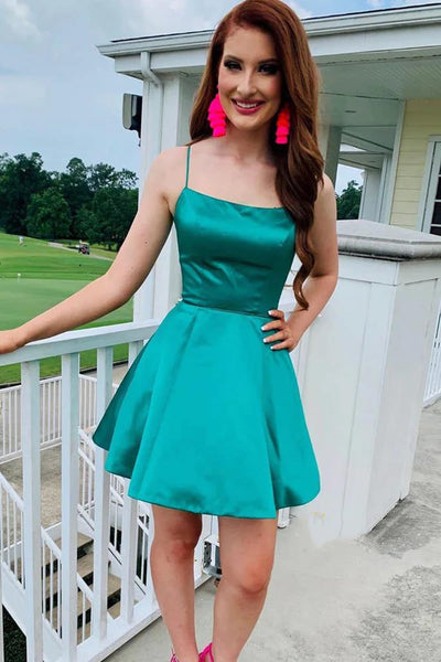 Simple A Line Spaghetti Straps Green Satin Short Prom Homecoming Dress, Short Green Formal Graduation Evening Dress