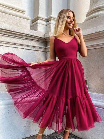 Simple V Neck Burgundy Tulle Prom Dresses, Simple V Neck Blue Tulle Prom Dresses