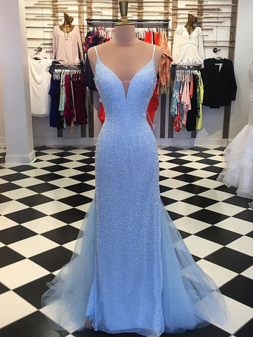 Mermaid V Neck Light Blue Backless Long Prom Dresses, V Neck Mermaid Backless Light Blue Formal Evening Dresses