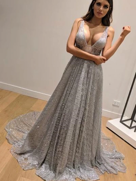 Shiny V Neck Backless Silver Grey Long Prom Dresses,  Silver Grey Backless Formal Graduation Evening Dresses