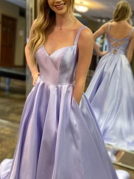 V Neck Light Purple Open Back Satin Long Prom Dresses With Pockets,  Light Purple V Neck Formal Evening Dresses