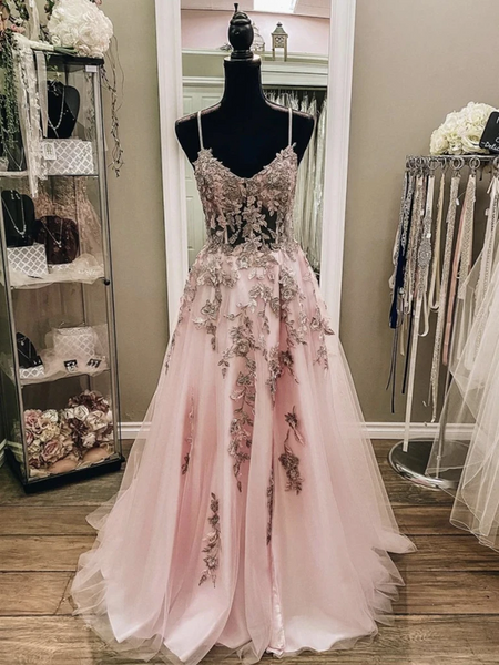 V Neck Pink Champagne Floral Lace Long Prom Dresses, Pink Champagne Lace Formal Evening Dresses