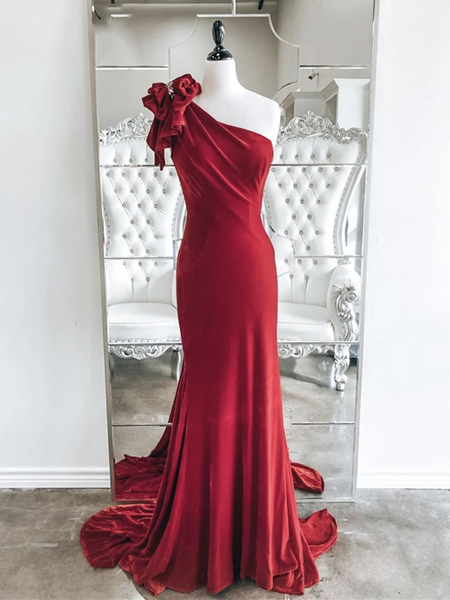 One Shoulder Red Velvet Mermaid Long Prom Dresses, Red Mermaid One Shoulder Long Formal Evening Dresses