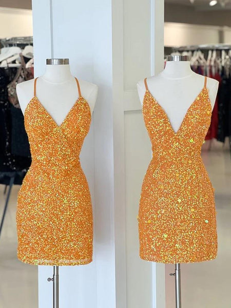 V Neck Short Orange Prom Dresses, Open Back Short Orange V Neck Formal Homecoming Dresses