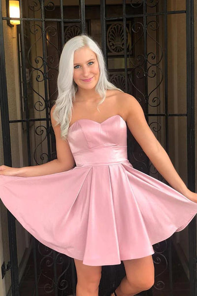 Simple Strapless Pink Satin Short Prom Homecoming Dresss, Pink Formal Graduation Evening Dresses