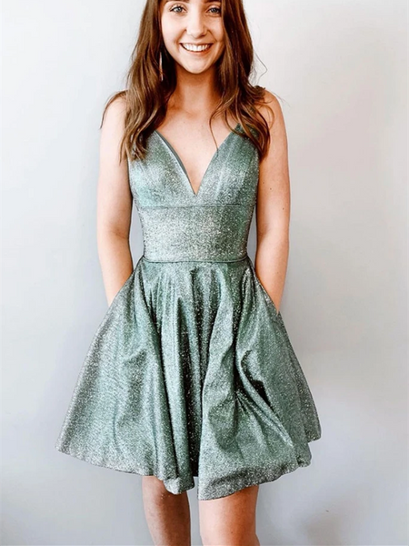 Green Short V Neck Prom Dresses, V Neck Green Short cocktail Dresses, Green Formal Evening Homecoming Dresses