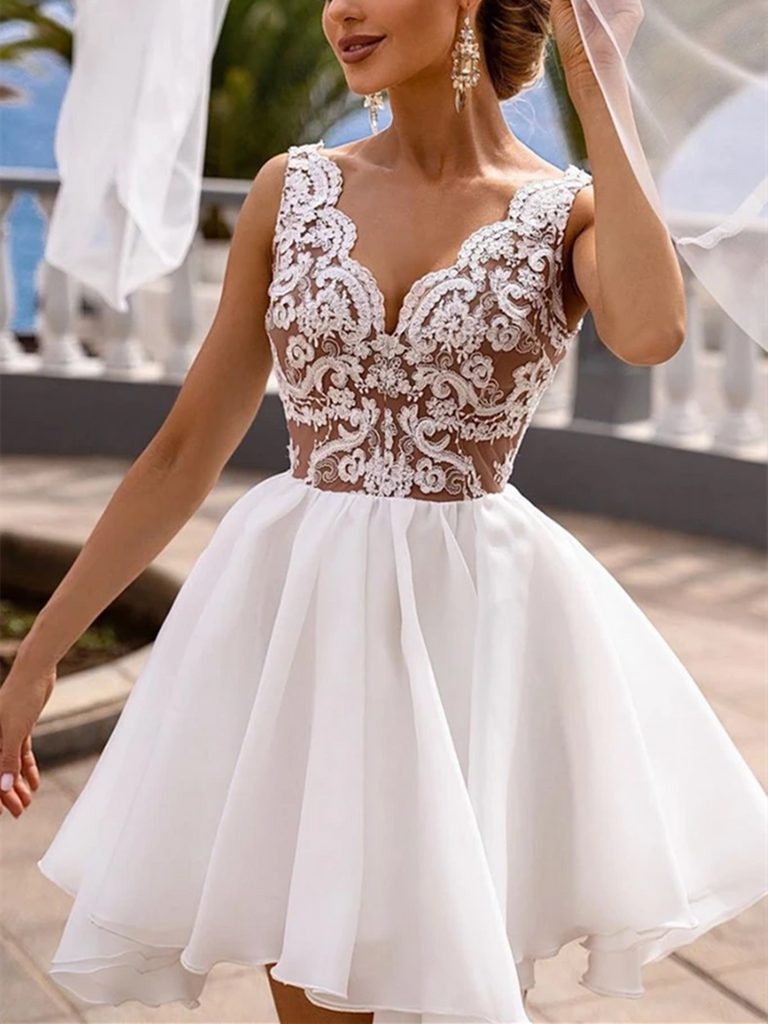 A Line V Neck White Lace Short Prom Dresses, Short White Lace Formal Graduation Homecoming Dresses