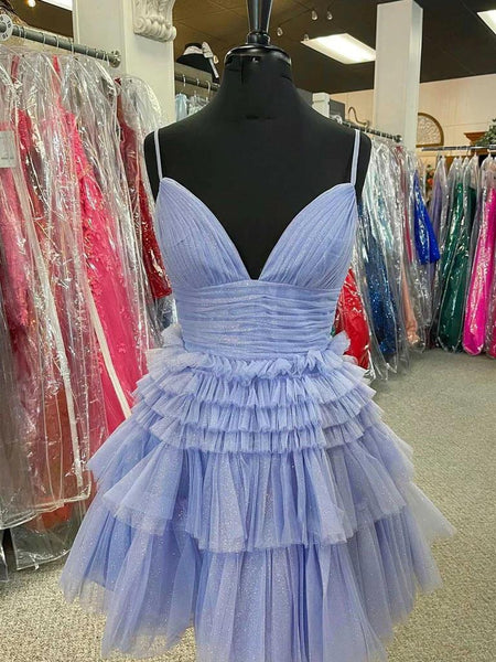 Short V Neck Blue  Champagne Prom Dresses, V Neck Blue Champagne Formal Homecoming Dresses