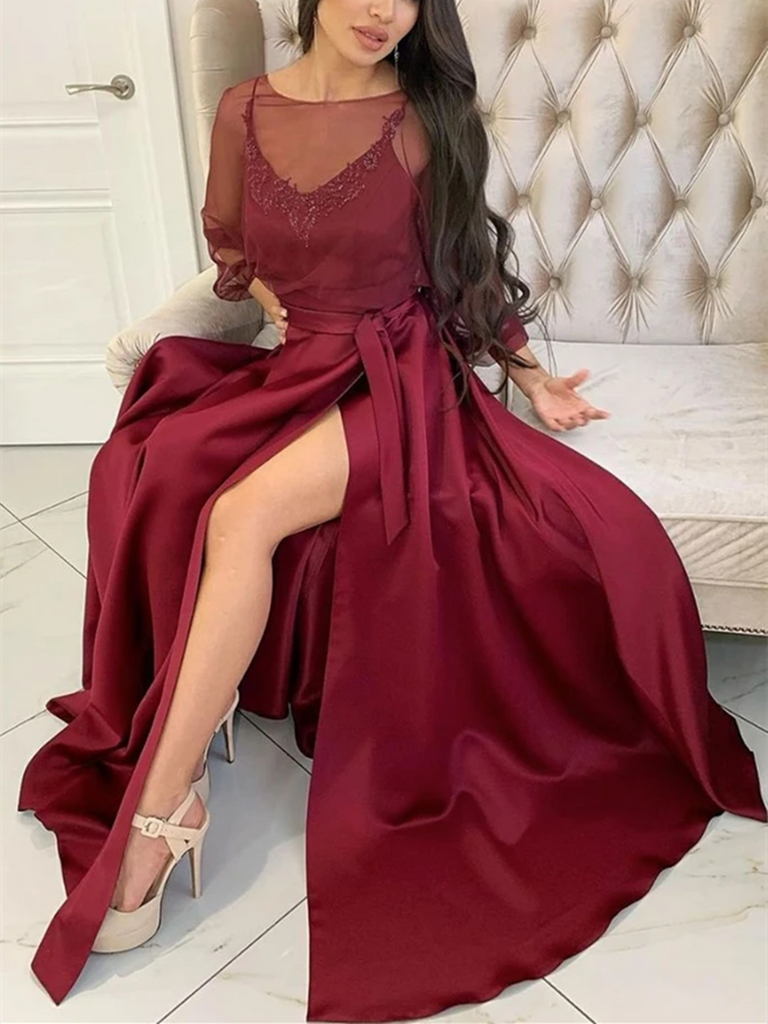 Long Sleeves Maroon Long Prom Dresses with High Leg Slit, Burgundy Formal Evening Graduation Dresses