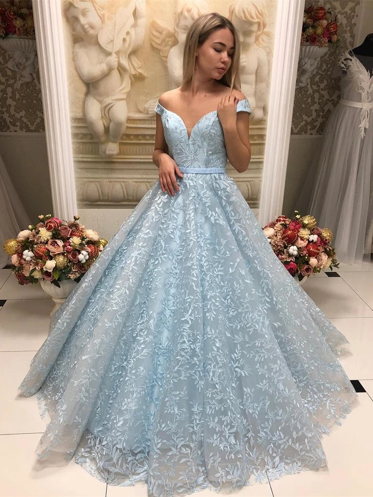 Off Shoulder Sky Blue Lace Long Prom Dresses,  Sky Blue Lace Ball Gown, Sky Blue Off The Shoulder Lace Formal Evening Dresses