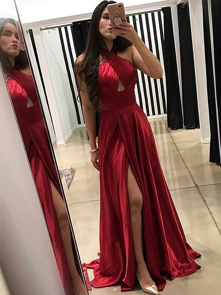 Halter neck burgundy backless satin long prom dresses with leg slit,  Burgundy backless formal evening dresses