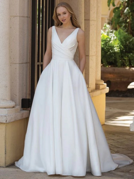 V Neck Open Back White Satin Long Prom Dresses, V Neck White Formal  Evening Dresses