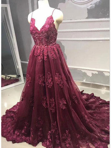 V Neck Burgundy Backless Lace Prom Dresses, Burgundy Lace Sweep Train Formal Evening Dresses