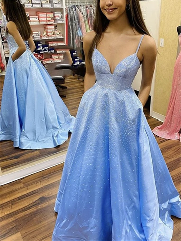 A Line V Neck Beaded Blue Satin Long Prom Dresses, Long Blue Formal Graduation Evening Dresses with Beads