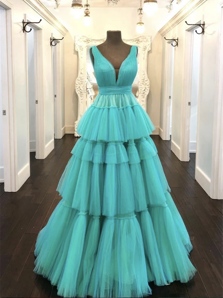 A Line V Neck Green Tulle Long Prom Dresses, V Neck Green Tulle Long Formal Evening Dresses