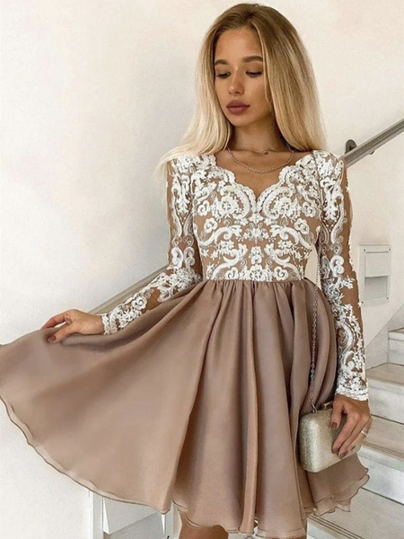 Long Sleeves Champagne Lace Short Prom Dresses, Short Champagne Lace Formal Graduation Evening Dresses