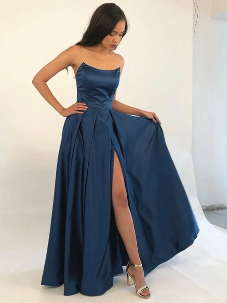 Strapless Navy Blue/Burgundy Prom Dress with High Split,  Navy Blue/Maroon Bridesmaid Dresses, Strapless Navy Blue/ Wine Red Formal Evening Graduation Dresses