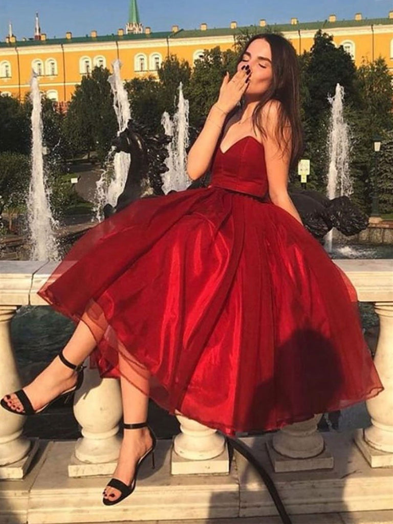 Cute burgundy tulle short prom dress, Burgundy short graduation homecoming dress