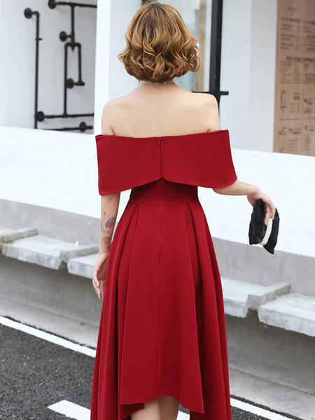 Off The Shoulder High Low Burgundy Tea Length Prom Dresses, Off Shoulder Burgundy Satin Formal Graduation Evening Dresses, Burgundy Homecoming Dresses