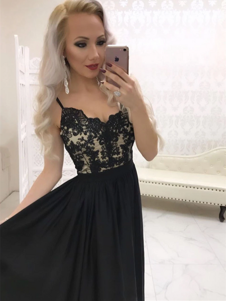 V Neck Black Lace Long Prom Dresses, V Neck Black Lace Long Evening Dresses