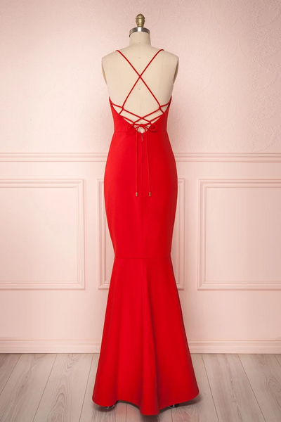 Spaghetti Straps Red Mermaid Prom Dresses, Backless Red Mermaid Formal Graduation Evening Dresses