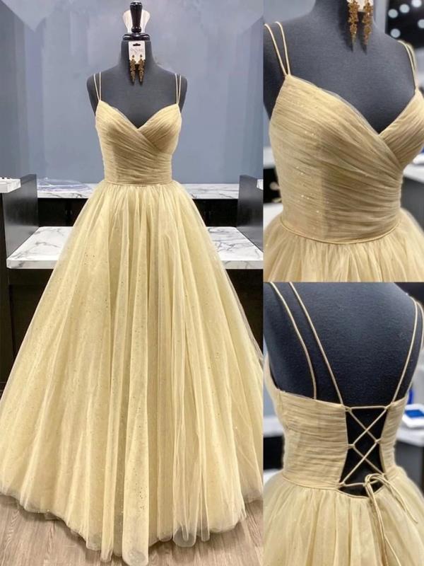 Stylish V Neck Backless Pleated Golden Tulle Prom Dresses, Shiny Open Back Golden Formal Graduation Evening Party Dresses