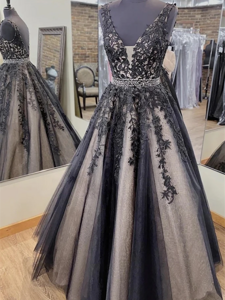 V Neck Backless Black Lace Long Prom Dresses, Black Lace Formal Dresses, Open Back Black Evening Dresses