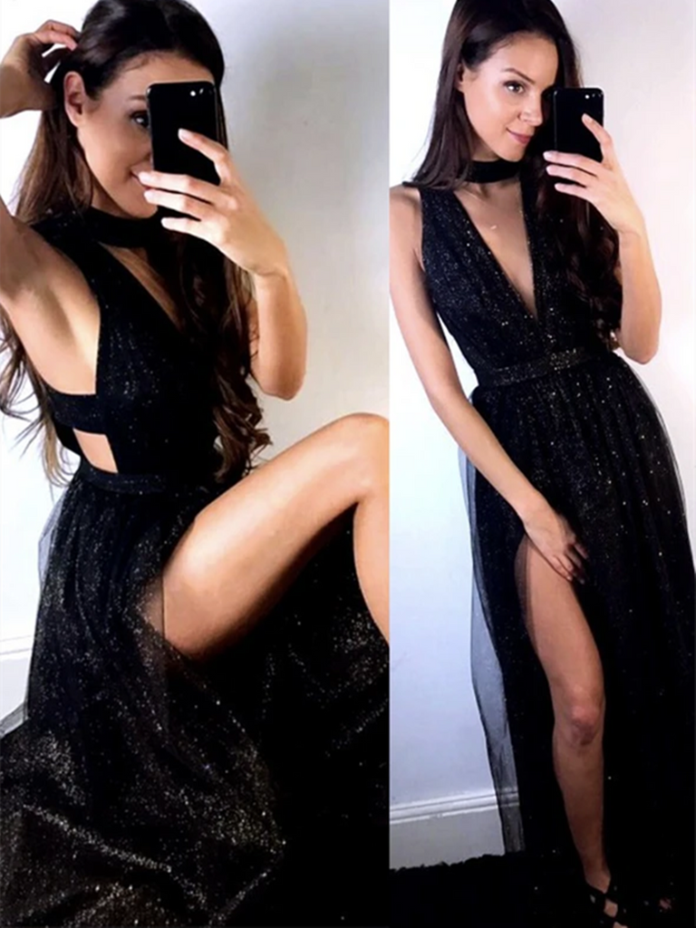 V Neck Black Sequins Tulle Long Prom Dresses With Leg Slit,  Black Sequins Tulle Long Formal Evening Dresses