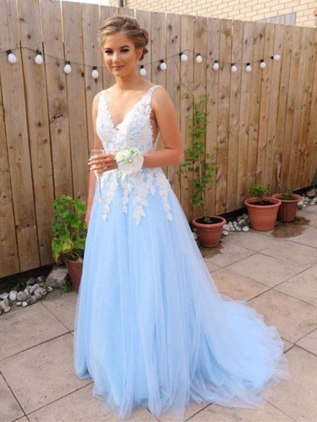 A Line V Neck Blue Lace Long Prom Dresses, Blue Lace Long Formal Evening Dresses