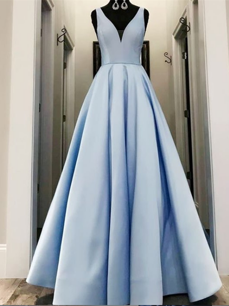 Simple Blue V Neck Satin Long Prom Dress,  Blue V Neck Satin Long Formal Evening Dress