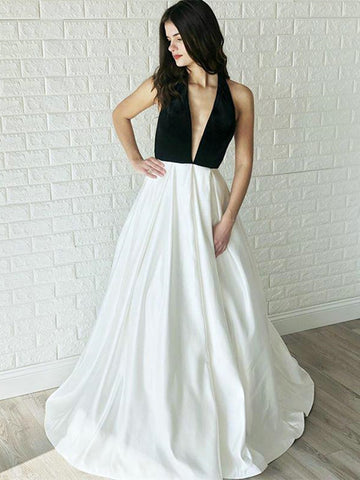 Simple White and Black Satin Backless Long Prom Dress With Deep V Neck, White Backless Formal Evening Dress