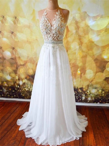 Custom Made A Line Open Back Long Prom Dresses with Lace Appliques, Backless Formal Dresses